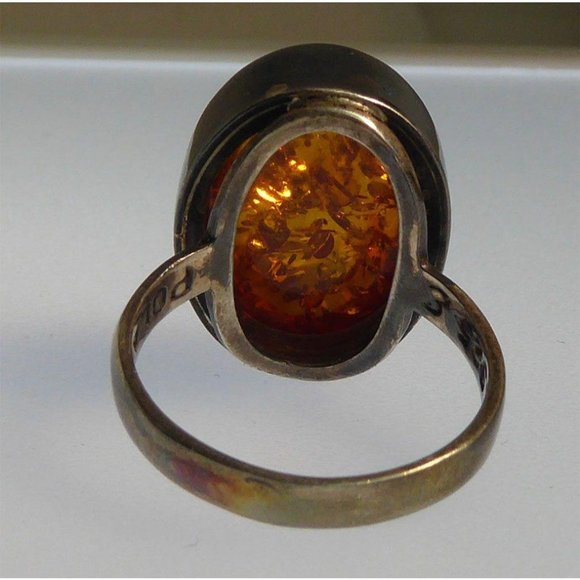 Modernist Amber & Sterling Silver Ring Signed E Size 9 - Picture 7 of 10